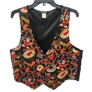 111 Main 80s Christmas Vest Waistcoat Womens L Holiday Print on Black Tie Back